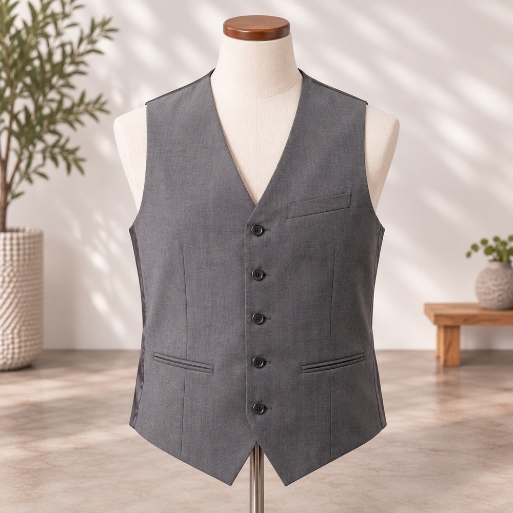 Perry Ellis Suit Vest Mens Large Gray 4 Button Formal Waistcoat Cinch Back